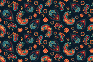 Abstract ethnic paisley pattern flower design. Aztec fabric boho mandalas textile wallpaper. Tribal native motif African American sari elegant embroidery vector background  - obrazy, fototapety, plakaty