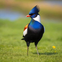 Fototapeta premium Pájaro de colores, azul anaranjado blanco y negro con una cresta en un campo 