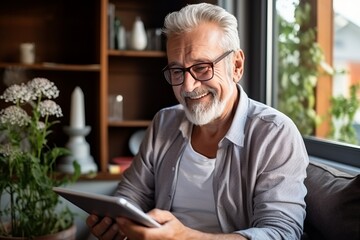 Cheerful senior grey-haired Caucasian man in glasses and casual clothing uses digital tablet while sitting on sofa at home. Focused retired person browsing the Internet, watching news, reading e-book.