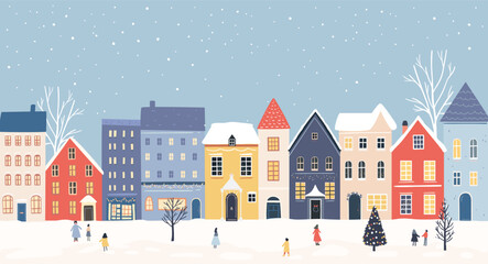 Obraz na płótnie Canvas Winter town, festive decorated houses, falling snow and people walking. Christmas banner vector design.