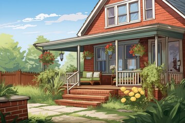 Fototapeta na wymiar farmhouse with a wooden porch and brick in-laid front yard, magazine style illustration
