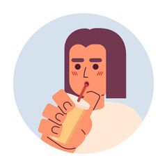 Adult korean woman sipping straw 2D vector avatar illustration. Coffee enjoying asian stylish student cartoon character face. Female drinking milkshake flat color user profile image isolated on white