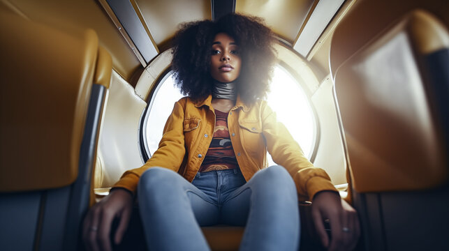 Beautiful afro girl sit inside an aircraft, she wear a yellow sweater and blue jeans