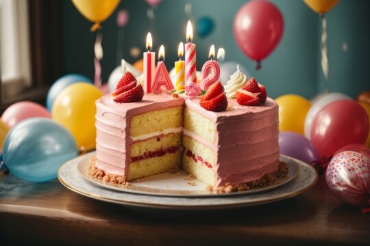 Close-up of a beautiful sliced pink cake decorated with strawberries and candles on a background of small multicolored balloons.