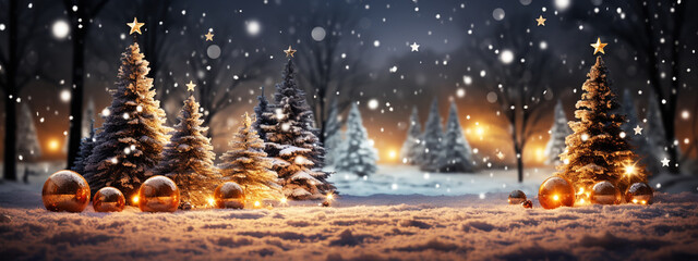 Snow covered winter forest under stormy snowfall and dark sky, seasonal 3D illustration and copy space background