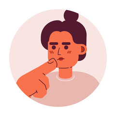 Top knot bun latina woman stroking chin 2D vector avatar illustration. Hispanic girl thinking hard cartoon character face. Choice making. Hand gesture flat color user profile image isolated on white