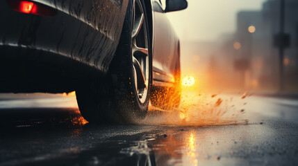 Closeup of a car with leaves stuck on wheels on a wet road in the autumn - obrazy, fototapety, plakaty
