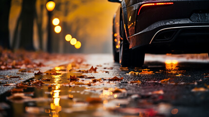 Closeup of a car with leaves stuck on wheels on a wet road in the autumn