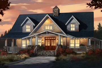 fully lit farmhouse highlighting a prominent gabled front entry, magazine style illustration