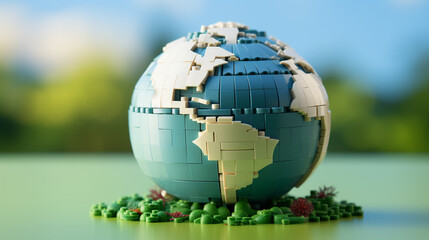 world globe made of plastic construction bricks. 3D rendering.