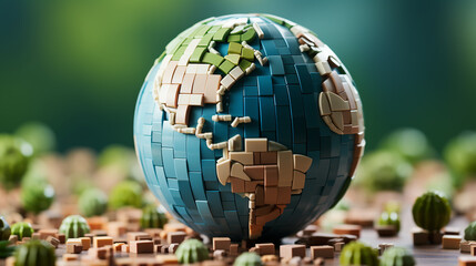 world globe made of plastic construction bricks. 3D rendering.