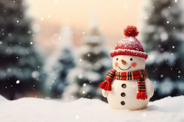 Cute little snowman in knitted hat and scarf standing outside on a winters day
