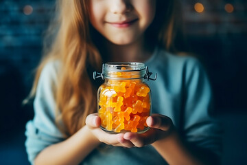 Happy girl child holding a jar of gummy vitamins in her hands - obrazy, fototapety, plakaty