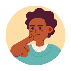 Afro hair young man touching chin 2D vector avatar illustration. African american college student thoughts staring cartoon character face. Make decision flat color user profile image isolated on white