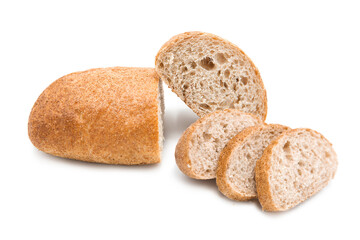 Freshly baked craft bread with cereals. Whole loaf and sliced.	