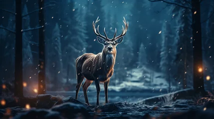 Plexiglas foto achterwand Winter landscape with deer in the forest at night background. © alexkich