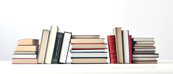 Pile of used books. Many books placed on each other. Studio photograph, against white background.