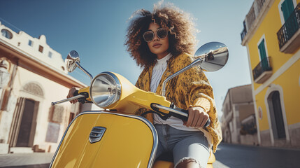Portrait of afro female on a yellow moto, she wear a yellow jacket and blue jeans - Powered by Adobe