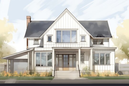 white farmhouse frontage with multi-windowed gable entry, magazine style illustration