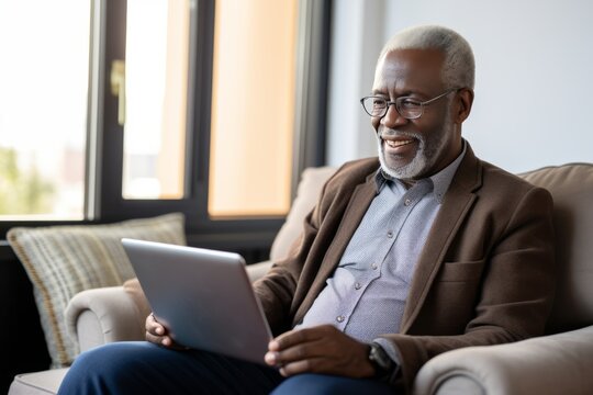 Cheerful senior grey-haired African American man in casual clothing uses digital tablet while sitting in armchair at home. Focused retired person browsing the Internet, watching news, reading e-book.