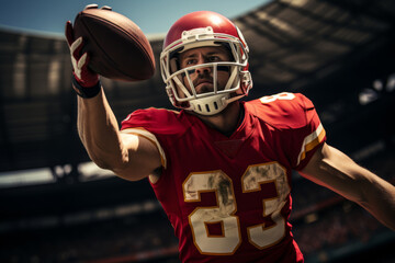 Close-up of a professional American football player catching the ball in a spectacular leap. Determined, powerful, skilled Caucasian athlete ready to win the game. Stadium stand on the background.