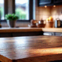 wood table top on room with blur background. front view