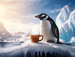 Cartoon cute Penguin with Cup on winter background. New year and Christmas illustration.