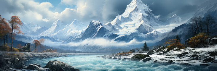 Frozen Majesty: A Cinematic Wide View of Winter Mountains Poster, Capturing the Silent Whisper of Snow-Capped Peaks, Crafted by Generative AI