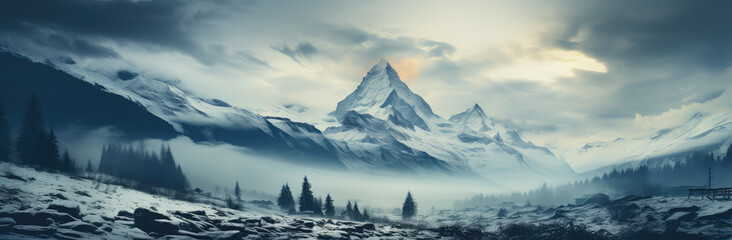 Frozen Majesty: A Cinematic Wide View of Winter Mountains Poster, Capturing the Silent Whisper of Snow-Capped Peaks, Crafted by Generative AI