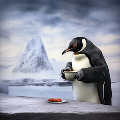 Cartoon cute Penguin with Cup on winter background. New year and Christmas illustration.