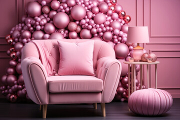 Christmas background with Christmas tree, gifts and sofa in pink colors