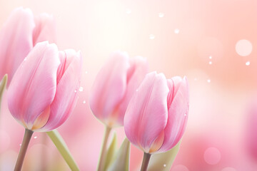 Obraz premium Delicate pink tulips on a blurred background, with bokeh for poster, wallpaper and postcard.