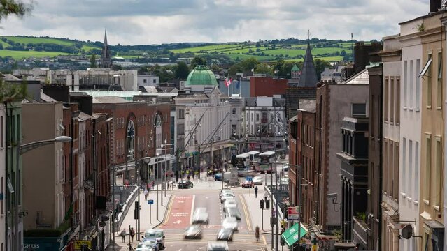 Day Timelapse of Cork Ireland, Cathedral, Main St. Patrick's street and bridge.