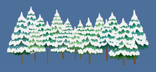 Snow covered pine tree forest. Winter vector illustration. 