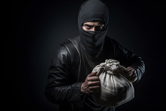 house robbery, stolen goods, street thief, Robber bag money, black balaclava, Urban thief