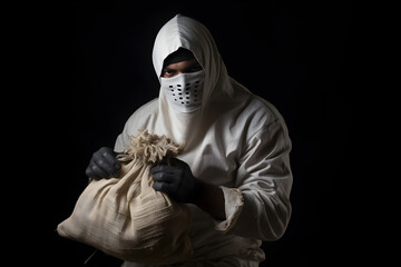 house robbery, stolen goods, street thief, Robber bag money, black balaclava, Urban thief - obrazy, fototapety, plakaty