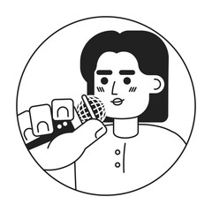 Professional latinamerican female speaker black and white 2D vector avatar illustration. Office lady speaking into mic outline cartoon character face isolated. Mike announcer flat user profile image