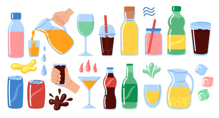Soda bottled drinks set. Soft drink cans and bottles, fizzy canned drinks, soda and juice beverages in plastic, glass and tin. Drops, ice cubes and splash. Vector illustration in doodle style 