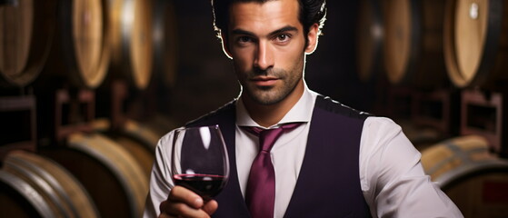 Close up of a young sommelier holds a glass of red wine in a cellar, a wine expert in a white shirt and apron, the waiter offers wine.Sommelier tasting wine Concept. Generative ai - obrazy, fototapety, plakaty