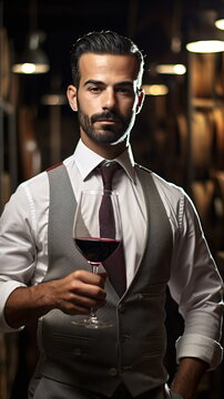 Close up of a young sommelier holds a glass of red wine in a cellar, a wine expert in a white shirt and apron, the waiter offers wine.Sommelier tasting wine Concept. Generative ai