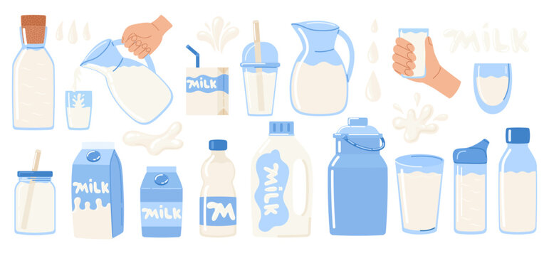 Milk set in different packages, glass, cardboard, bottle, milk box, glasses, decanter. Dairy drops and splash. National dairy month. Vector illustration in doodle style