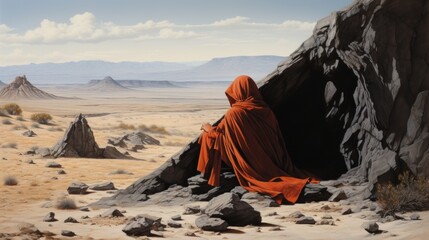 A man in a red cloak sitting on the edge of an open cave, AI