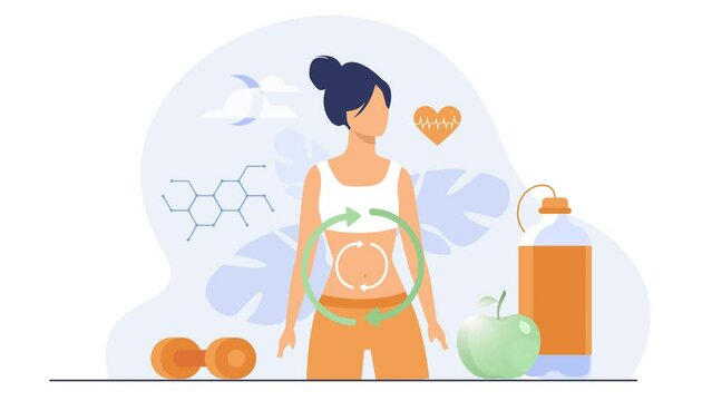 sports girl, an apple, a dumbbell and a water bottle. Vector animation 4K