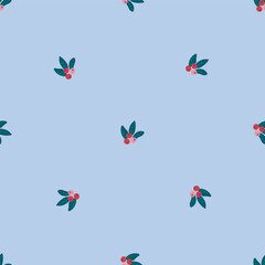 Simple seamless pattern with abstract winter floral on light blue background. Hand drawn vector texture for wallpaper, prints, wrapping, textile