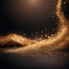 Fototapeta na wymiar Shiny flow of glitter particles and bokeh golden shiny background on dark backdrop 