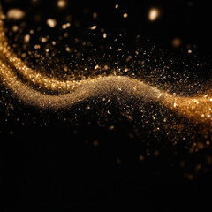 Fototapeta na wymiar Shiny flow of glitter particles and bokeh golden shiny background on dark backdrop 