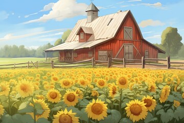 farmhouse with barn annex, captured amidst blooming sunflowers, magazine style illustration