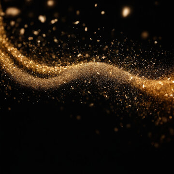 Shiny flow of glitter particles and bokeh golden shiny background on dark backdrop	
