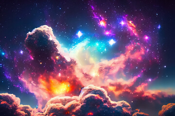 Dichte Wolken aus bunten kräftig leuchtenden Galaxien aus Sternen und Planeten in einem dunklen unendlich weiten Universum. Hintergrund und Vorlage für Technik, Astronomie, Wissenschaft und Forschung