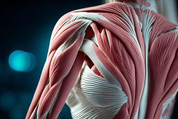 Muskulatur Muskeln Fasern Vorlage Hintergründe medizinisch 3D human Struktur Nahaufnahme, Muskelstrang und Sehnen Oberkörper Mann Frau Schulter Brust